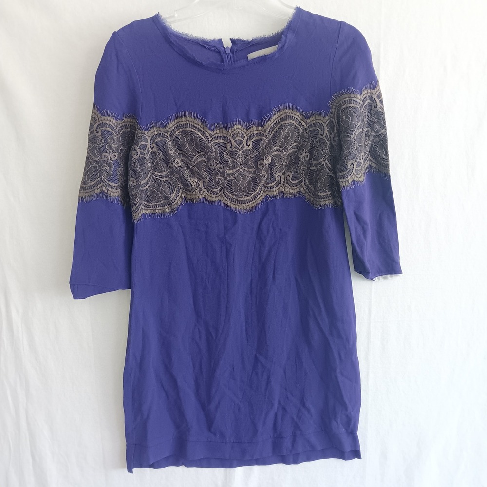 Animale Shift Dress Womens 36 (US Sm) Purple Lace Overlay 3/4 Sleeve Mini EUC